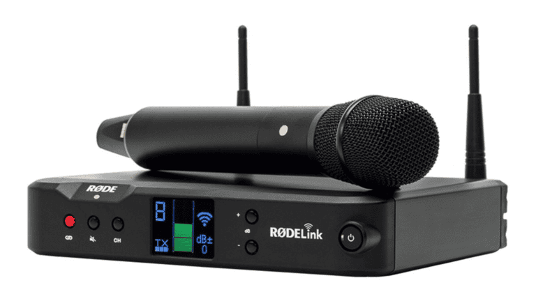 Rode RODELink Performer Kit angled product shot with microphone and receiver unit in black
