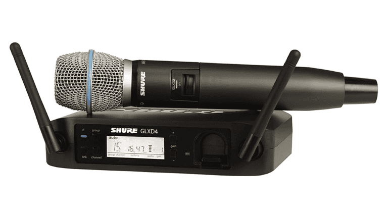 Shure GLX-D with BETA 87A front facing product shot with microphone and receiver unit