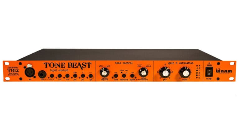 Warm Audio TB12 preamp EQ channel strip with orange enclosure, black controls, input, and metering