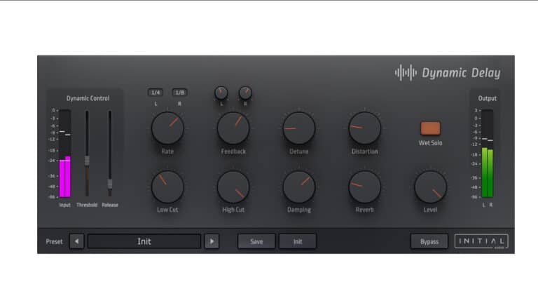 initial audio dynamic delay plugin gui with metering and controls