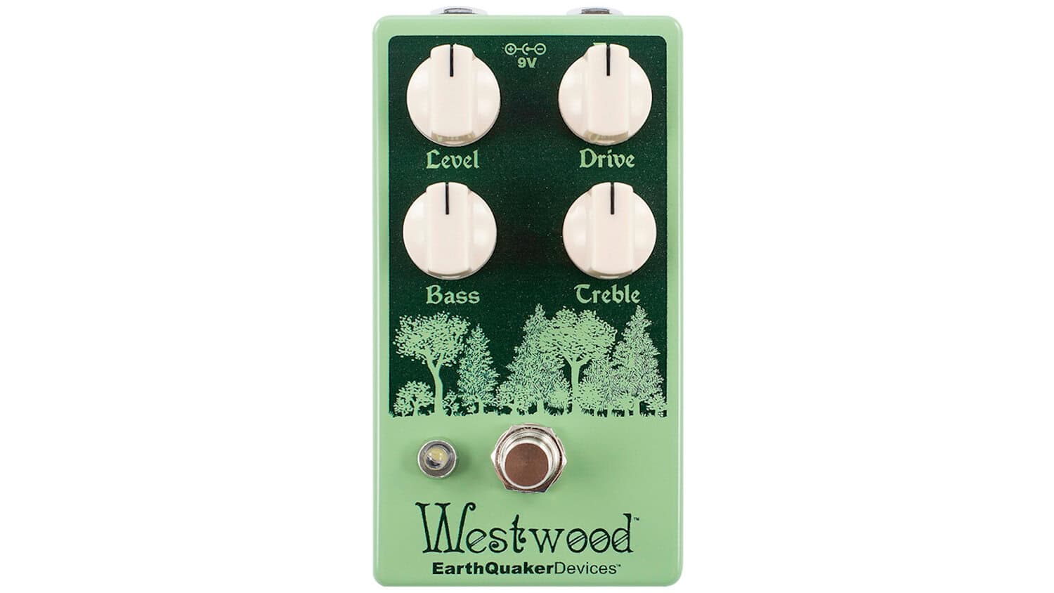 EarthQuaker Devices Westood transparent overdrive pedal in green enclosure with white control knobs