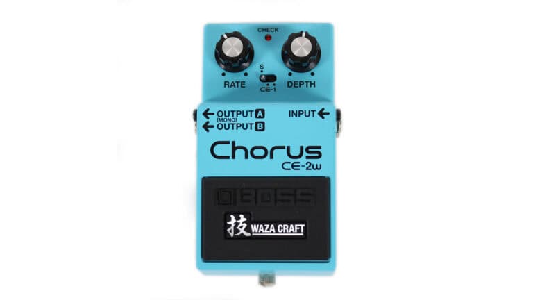BOSS CE-2W stereo chorus pedal in a blue enclosure and white background