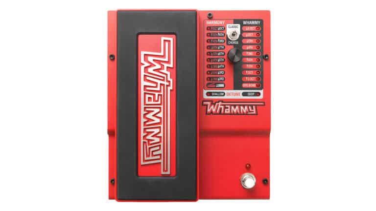 Digitech Whammy V guitar pitch shifter and octave pedal in red enclosure with treadle that has black rubber footgrip