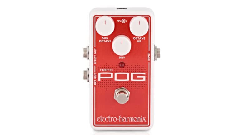 Electro-Harmonix Nano POG octave guitar pedal in grey enclosure with red faceplate and three white control knobs