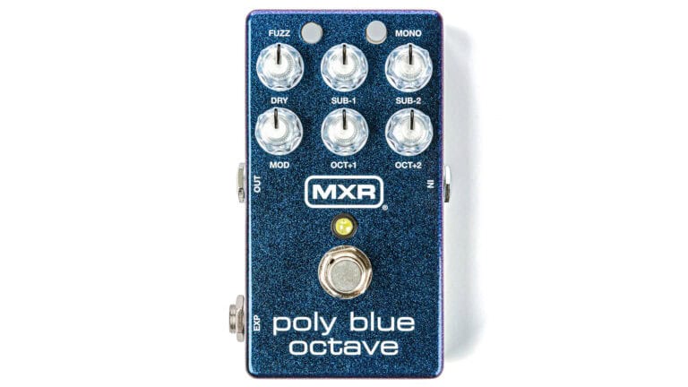MXR Poly Blue Octave guitar pedal with a blue sparkle enclosure and white text on a white background