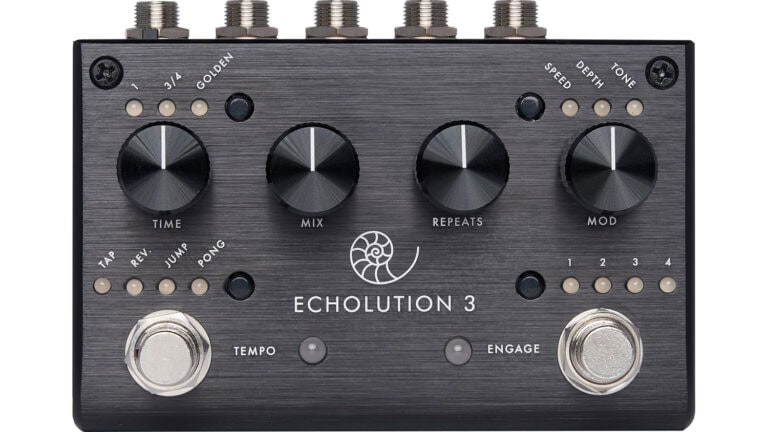 Pigtronix Echolution 3 with black enclosure, dual footswitches, and four black control knobs