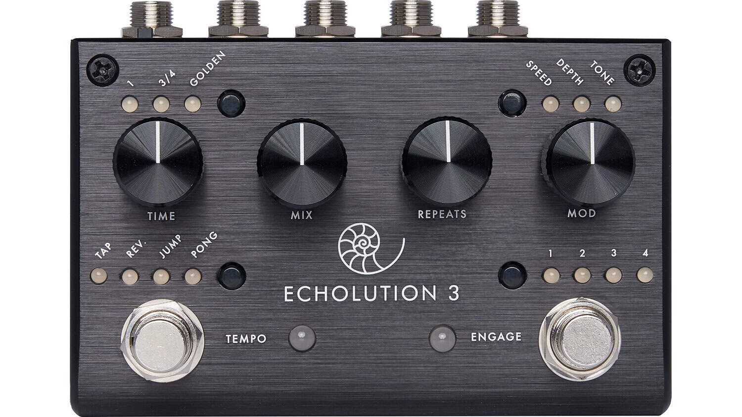 Pigtronix Echolution 3 with black enclosure, dual footswitches, and four black control knobs