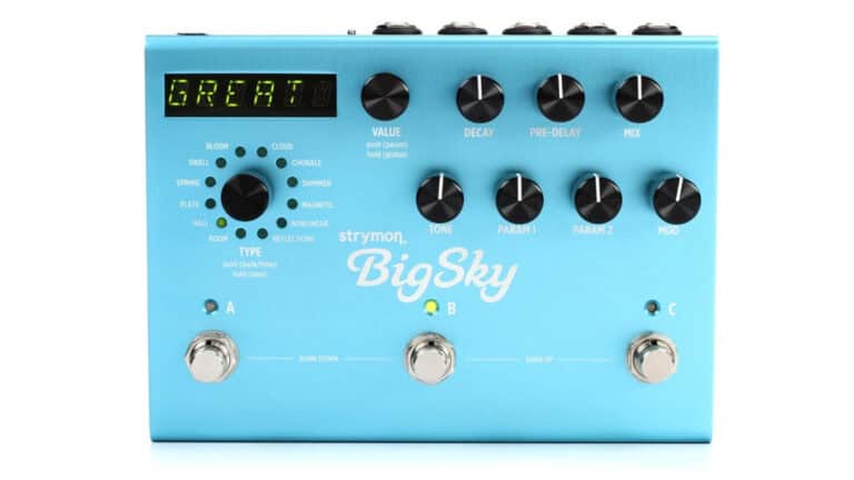 Strymon Bigsky reverb pedal top shot with blue enclosure, black control knobs, and trio of footswitches