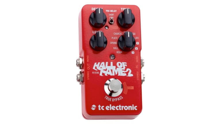 TC Electronic Hall of Fame 2 top shot with red enclosure and black control knobs