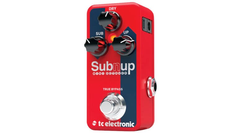 TC Electronic Sub n Up Mini octave guitar pedal with red enclosure, three controls, and a blue stripe