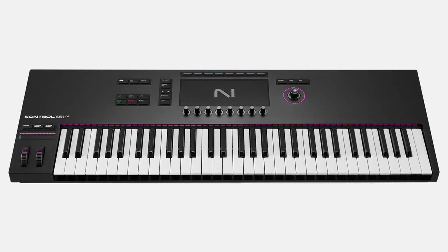 Native Instruments Kontrol S61 MK3 midi controller front shot with keybed, controls, and LCD screen