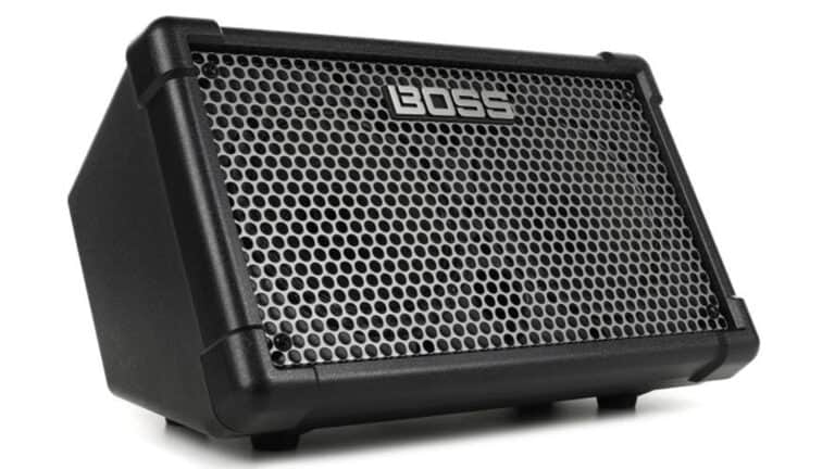 Roland Cube Street EX battery-powered guitar amp front shot with speaker grille and boss logo