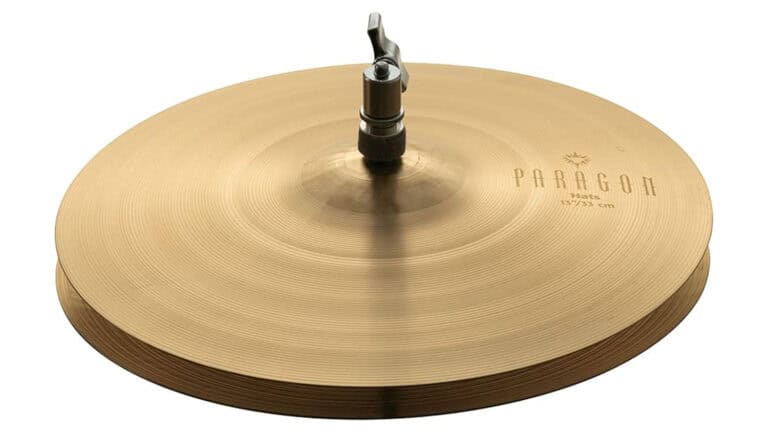 Sabian Neil Peart Paragon signature hi-hats pictured on hi-hat stand