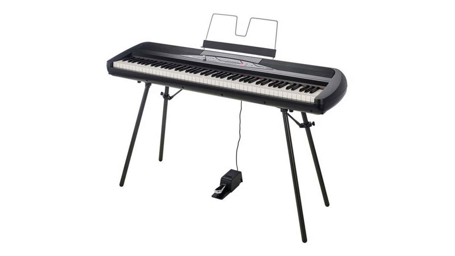 Korg SP-280 digital piano with keyboard, music stand, folding stand, and sustain pedal