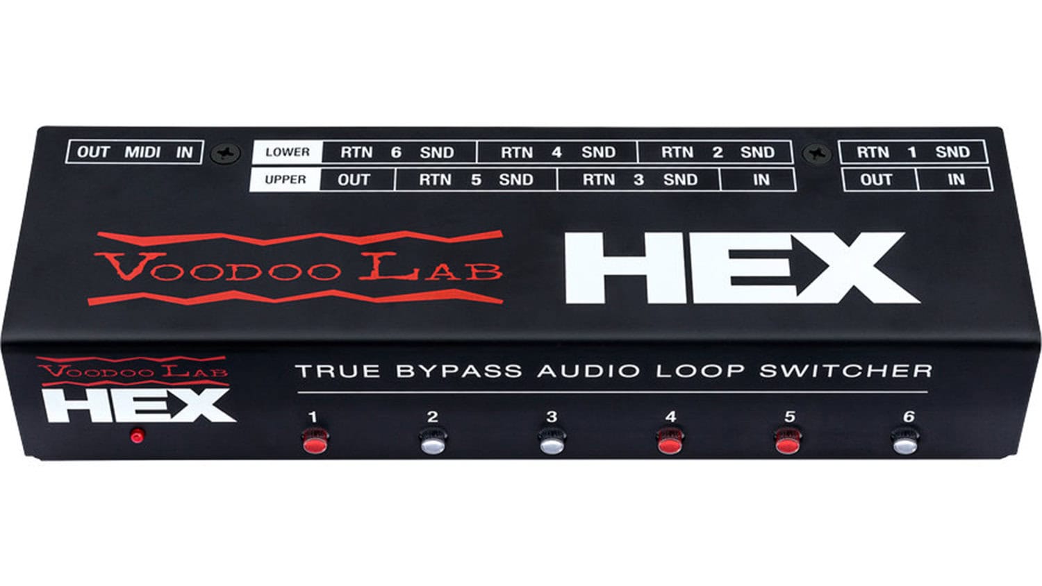 Voodoo Lab HEX guitar loop switcher with logos and connection labeling