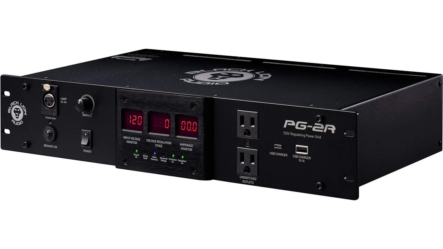 Black Lion Audio PG-2R power conditioner with black enclosure and front panel metering and outlets