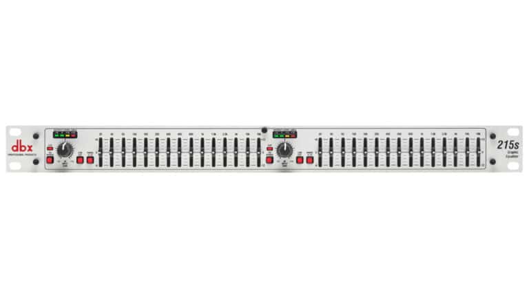 dbx 215s two channel graphic equalizer front shot in white with sliders and dbx logo