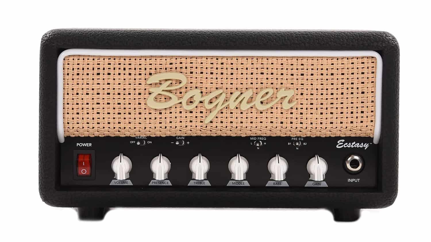 Bogner Ecastasy Mini amp head with black tolex, white control knobs, and Bogner logo