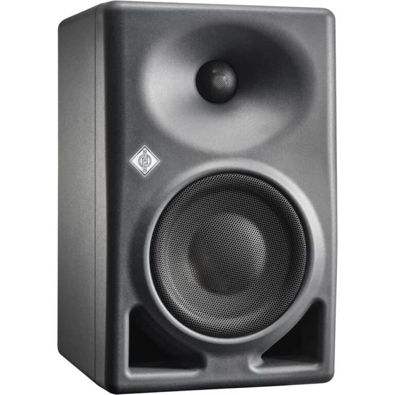 Neumann KH 120 II DSP studio monitor angled shot with drivers, ports, and Neumann logo