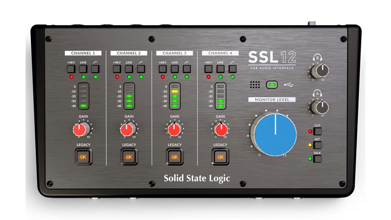 Solid State Logic SSL 12 with grey enclosure, red knobs, buttons, and blue monitor control, and metering