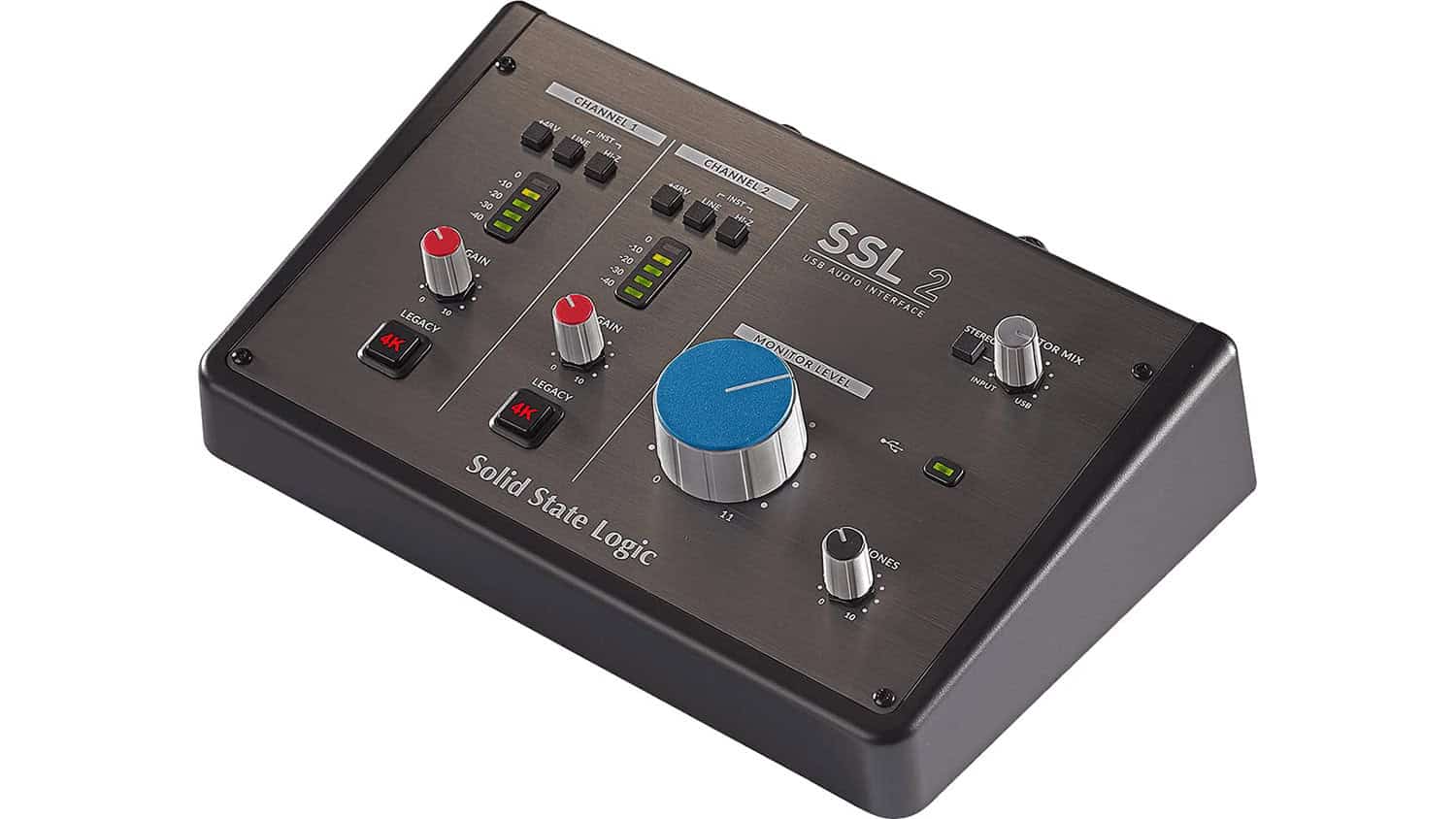 Solid State Logic SSL 2+ top shot with black enclosure, input and monitor controls, and SSL logo