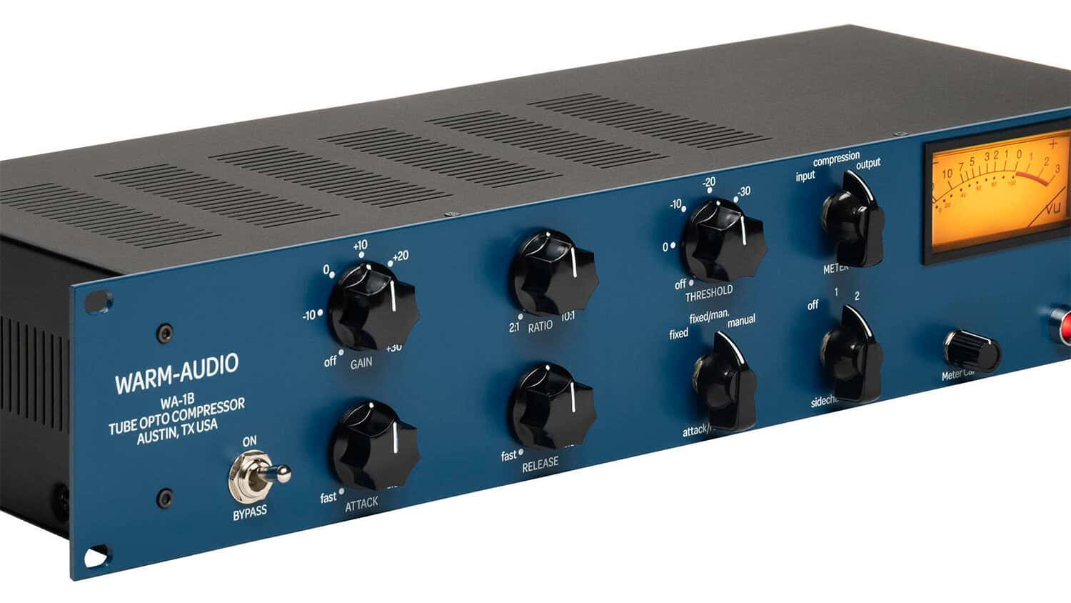 Warm Audio WA-1B angled front shot with blue faceplate, black control knobs, and VU meter