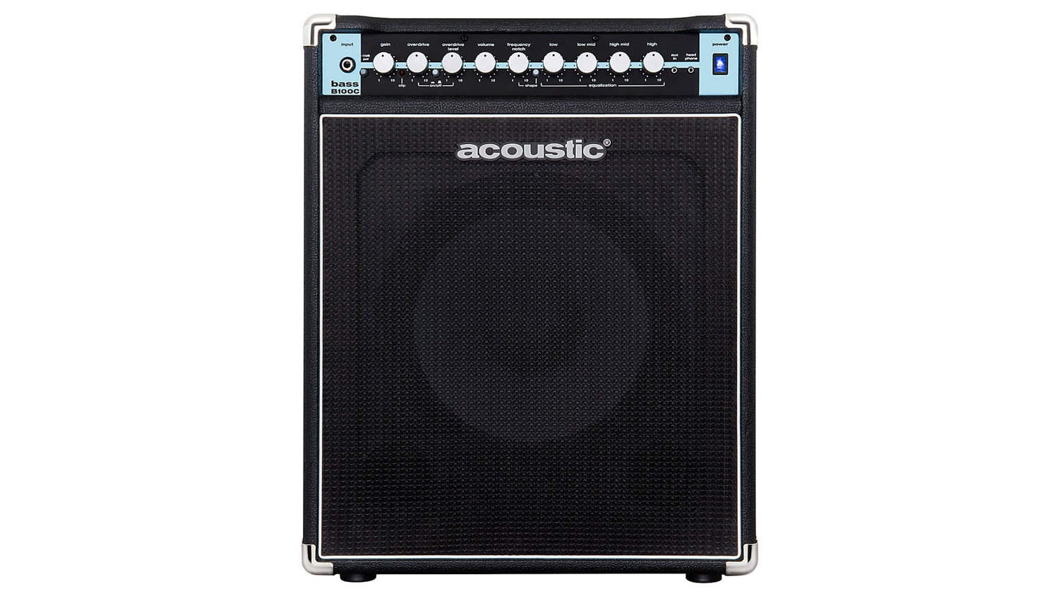 acoustic b100c front shot with black enclosure and grille cloth, front panel controls, and Acoustic logo