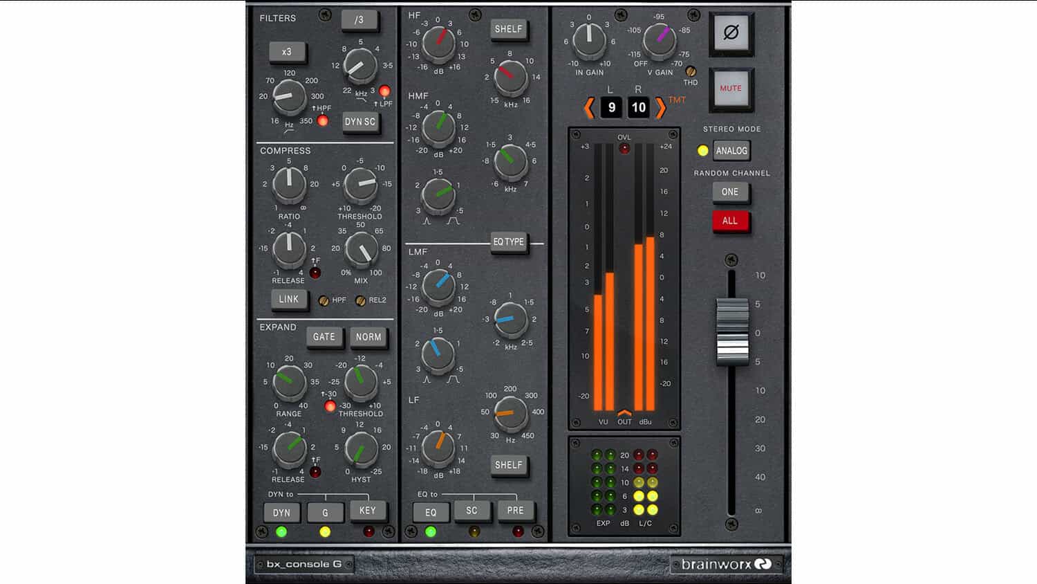 Brainworx bx_console SSL 4000 plugin GUI with controls and LED metering