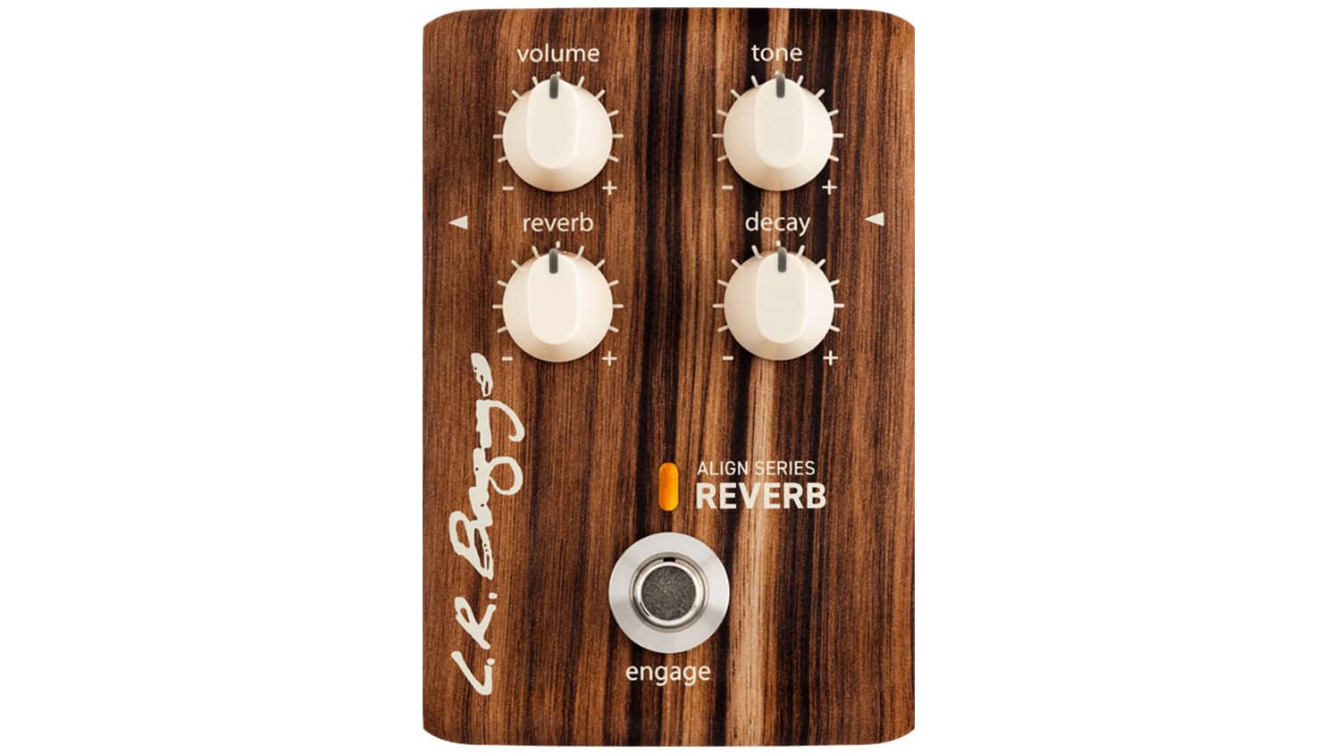 lr baggs align reverb pedal with faux woodgrain finish and white control knobs