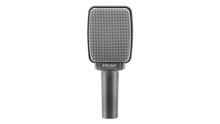 Sennheiser e609 dynamic microphone front shot with silver grille and Sennheiser logo