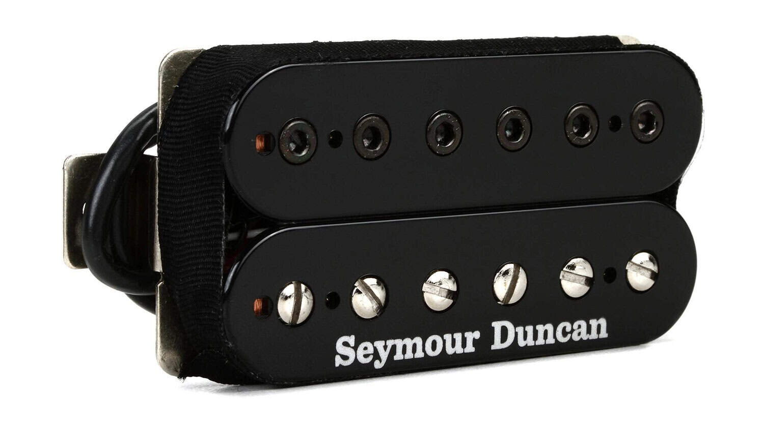 Seymour Duncan SH-12 Screamin Demon humbucker front shot in black with allen and standard screws and Seymour Duncan logo, connecting wire