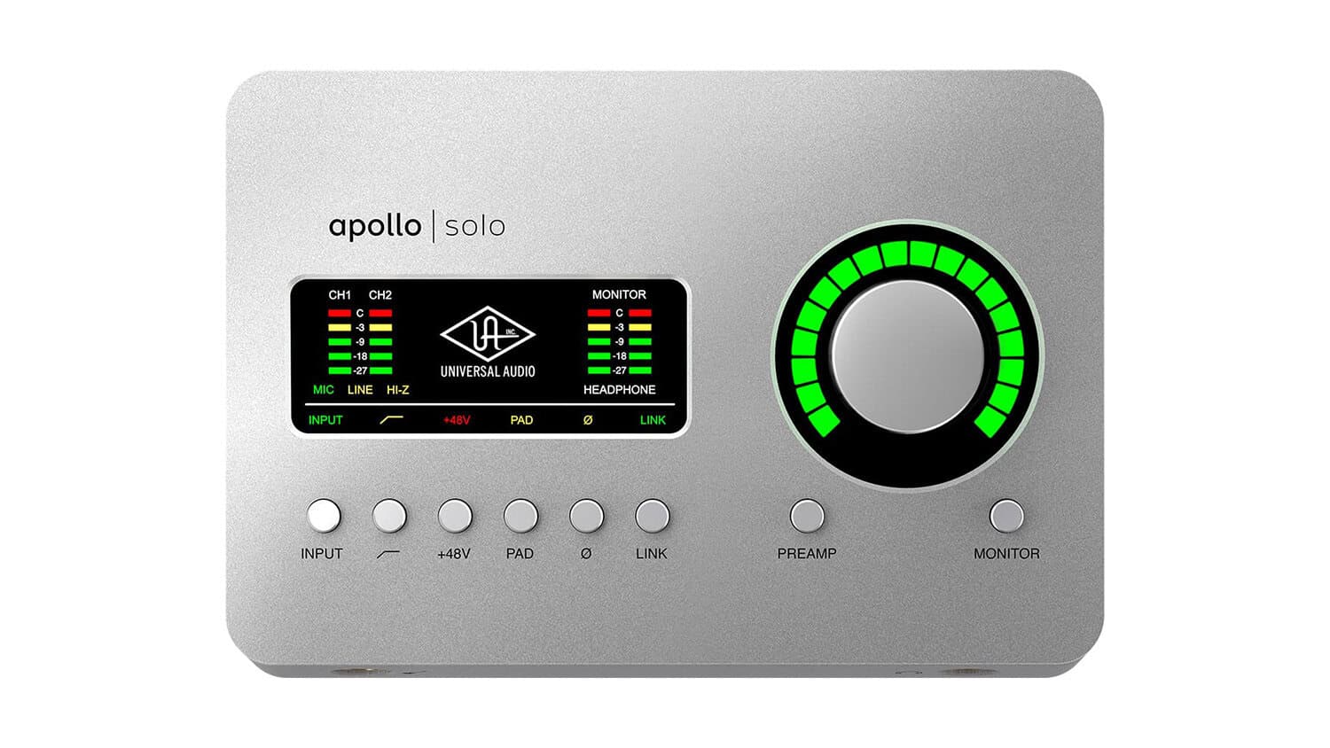 universal audio apollo solo front shot in grey housing with controls and metering