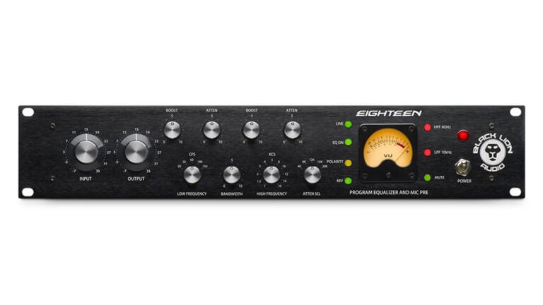 Black Lion Audio Eighteen front shot with black enclosure, knobs, and VU meter