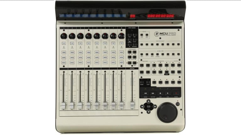 Mackie Control Universal Pro control surface with tan enclosure, controls, and metering