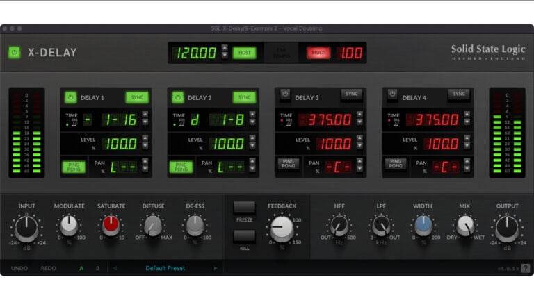 Solid State Logic Software X-Delay plugin GUI with complex layout, metering, and controls