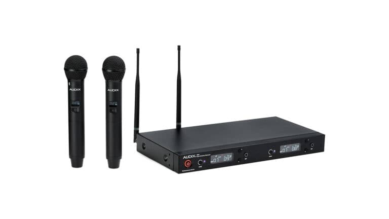 Audix AP42 OM2 Dual Handheld Wireless System product shot with both microphones and receiver unit