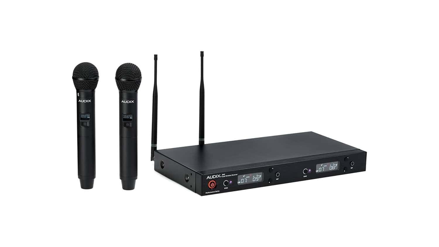 Audix AP42 OM2 Dual Handheld Wireless System product shot with both microphones and receiver unit