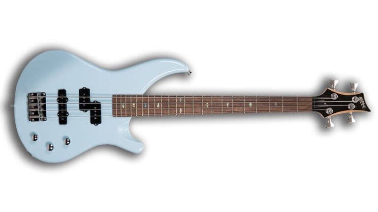 Mitchell MB100 with baby blue finish, split and singlecoil pickups, and rosewood fretboard