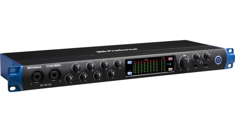 PreSonus Studio 1824c angled front shot with inputs, controls, metering
