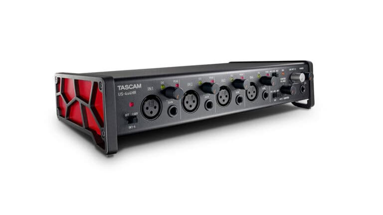 Tascam 4x4HR angled front shot with controls and inputs