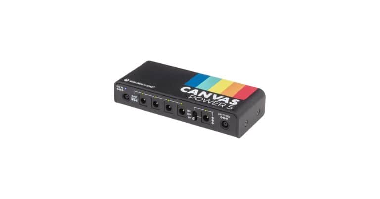 Walrus Audio Canvas Power 5 angled shot with power outputs and rainbow graphic