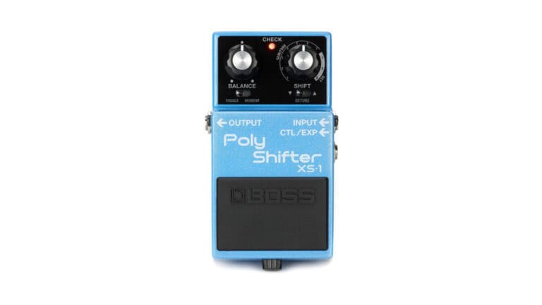 boss xs-1 top down shot with blue enclosure, dual control knobs and switches, and footswitch