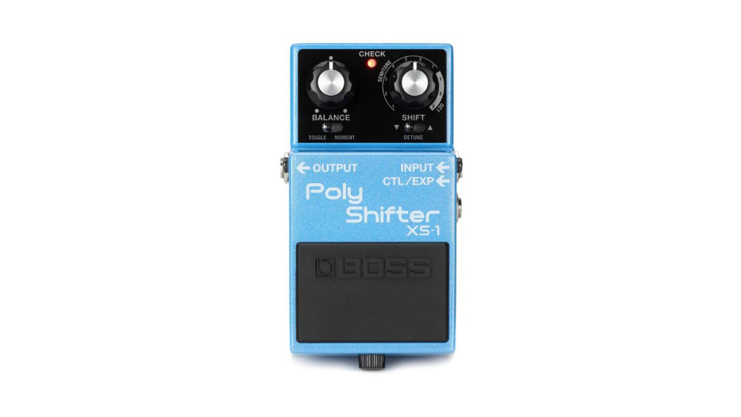 boss xs-1 top down shot with blue enclosure, dual control knobs and switches, and footswitch