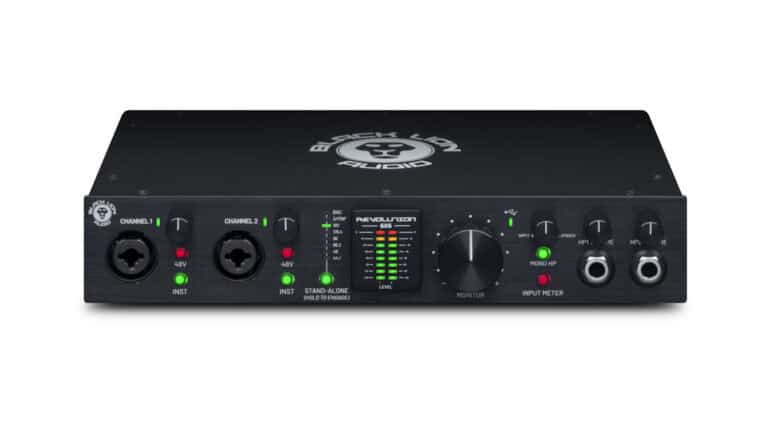Black Lion Audio Revolution 6x6 front shot with inputs, controls, metering, black enclosure