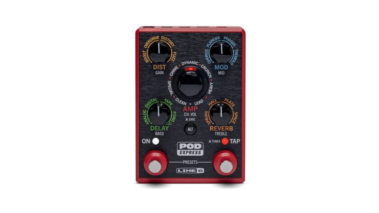 Line 6 POD Express face shot with five black control knobs and dual footswitches