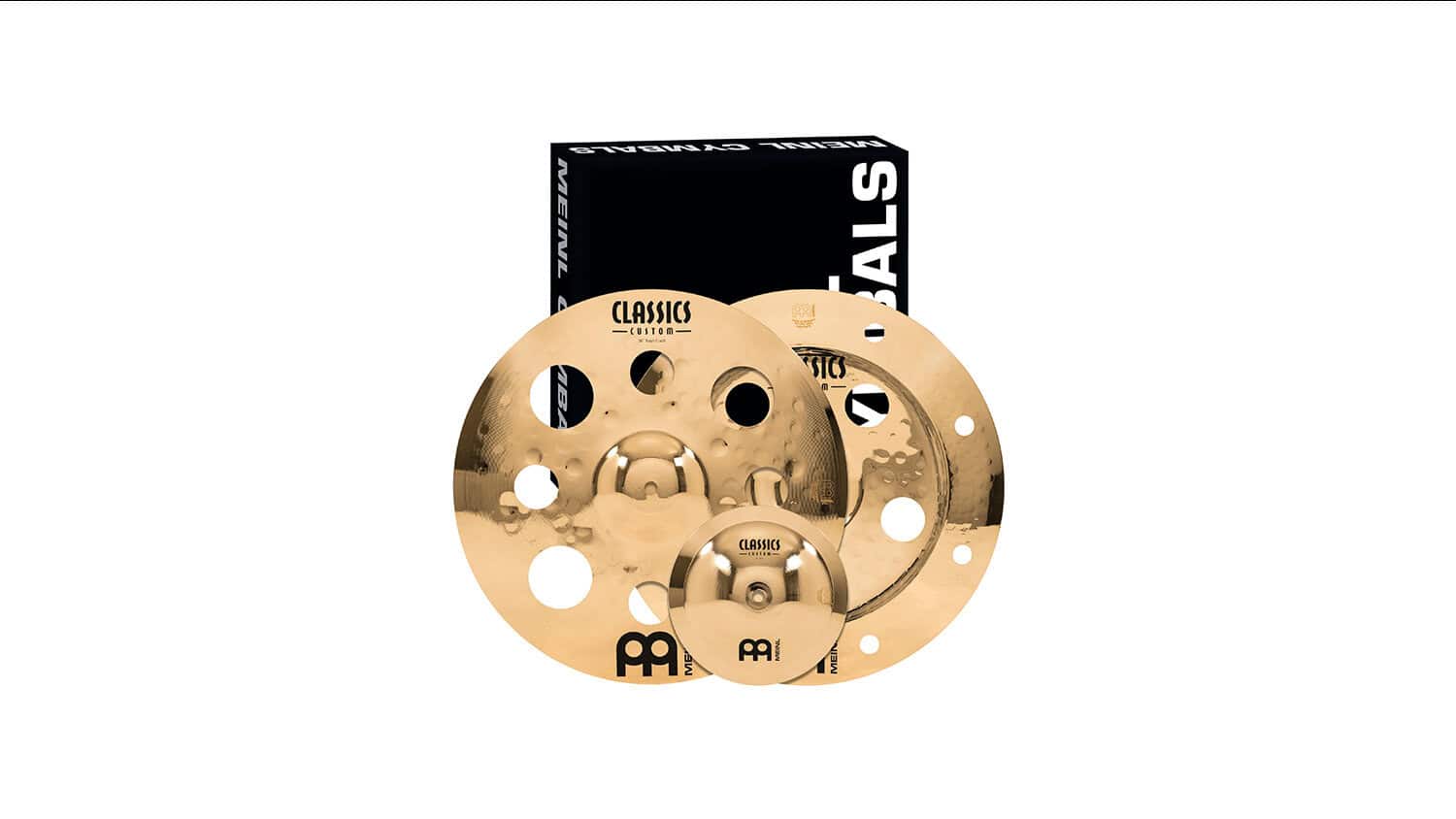 Meinl Classics Custom Brilliant Effects Cymbal Pack product shot with three cymbals and packaging