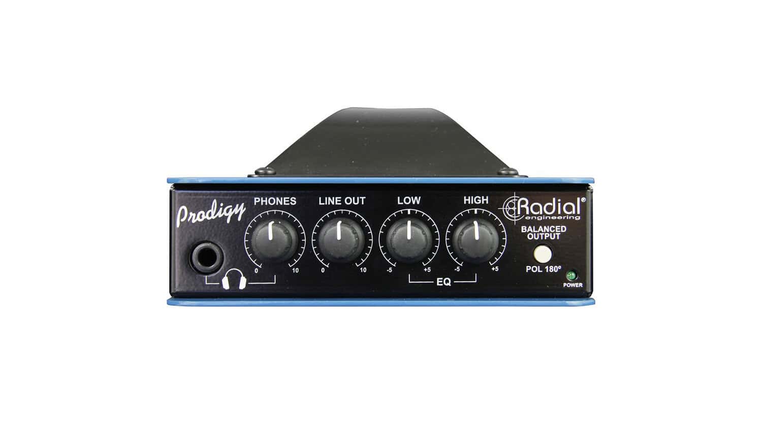 Radial Engineering Headload prodigy front shot with input jack, four black control knobs, and Radial Engineering logo
