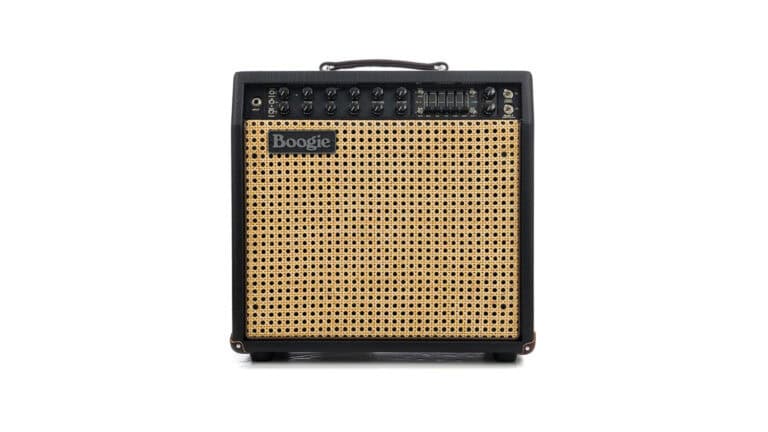 mesa boogie mark v 35 front shot with brown grille cloth, front panel controls with black knobs, eq sliders, and input