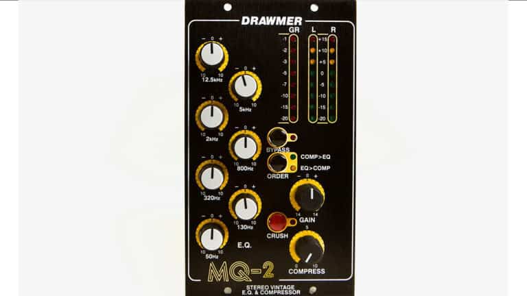 Drawmer MQ-2 front shot with black face panel, EQ control knobs and digital metering