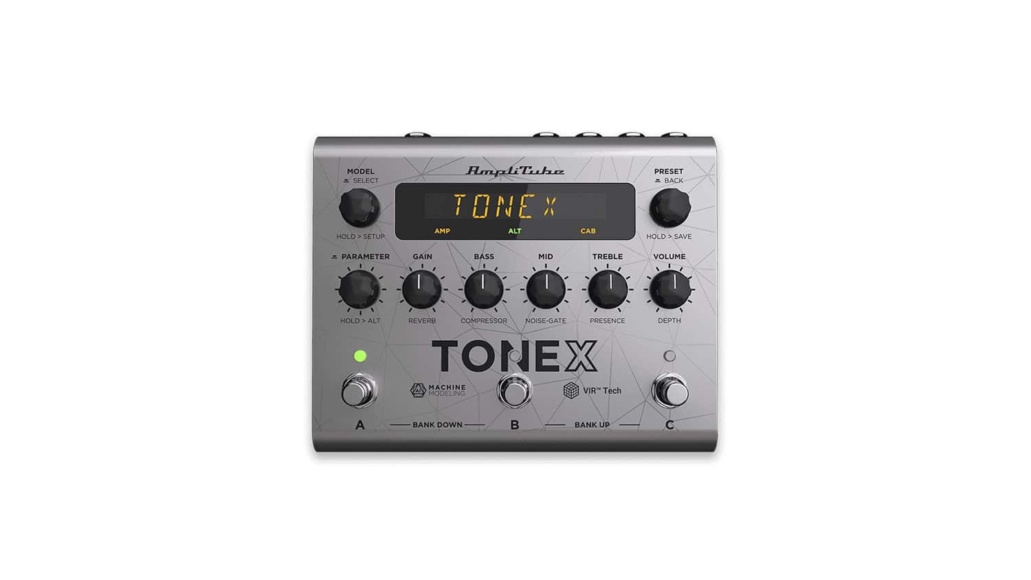 IK Multimedia TONEX Bass Edition top shot with gray enclosure, control knobs, and LCD screen